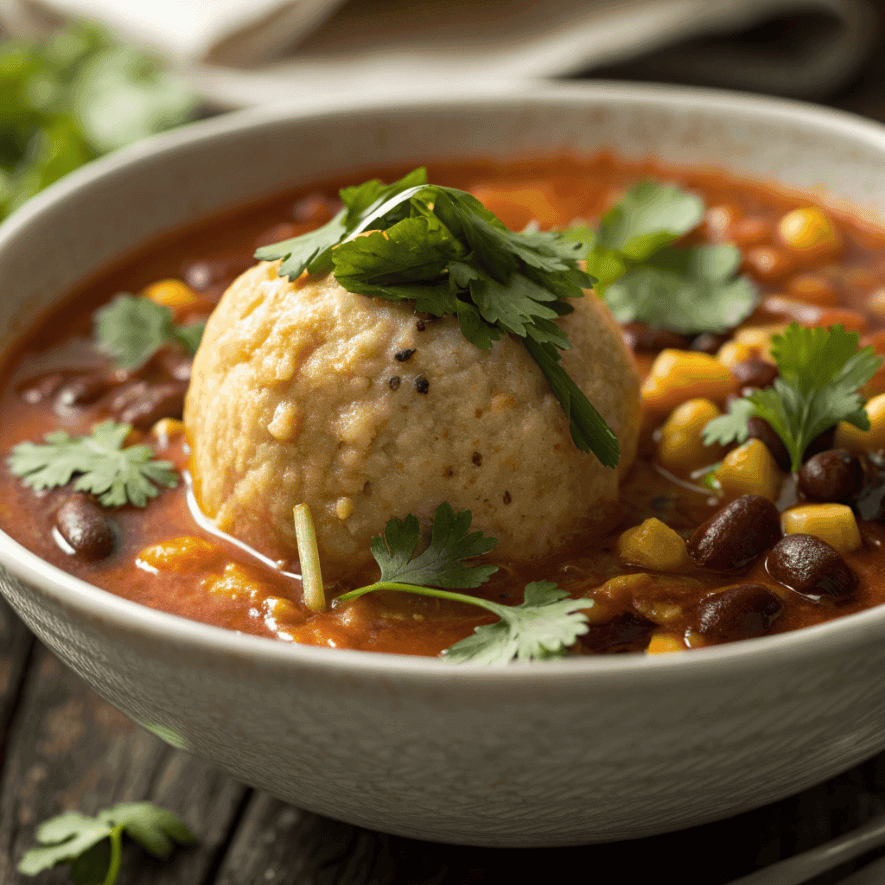Close-up of tamale soup showing masa dumpling texture and rich broth.