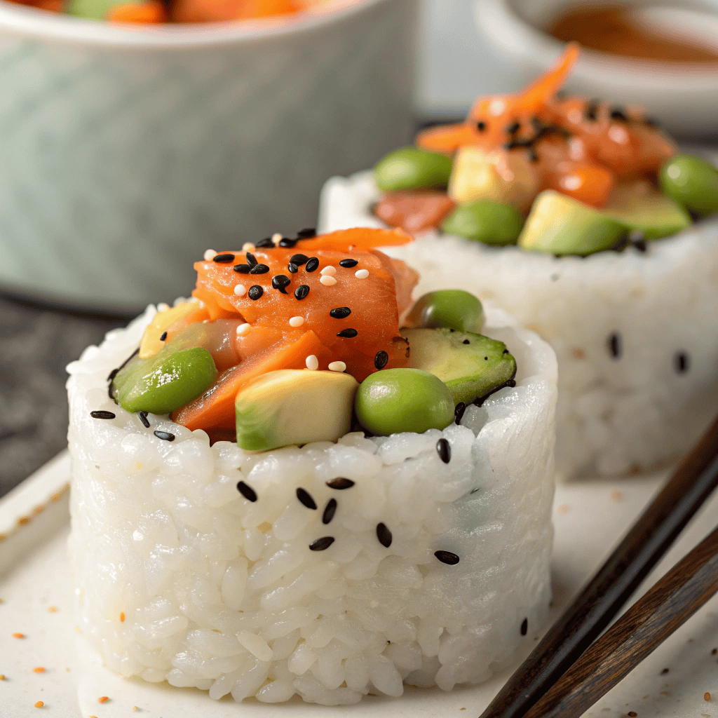 Macro close-up of a sushi cup showing rice texture, avocado, edamame, vegetables, creamy sauce, and black sesame seeds