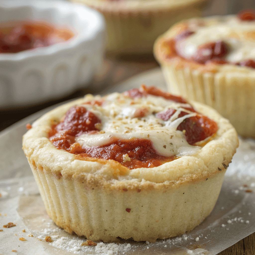 Macro close-up of a pizza cupcake showing soft dough crust, melted mozzarella cheese, bubbling texture, and tomato sauce