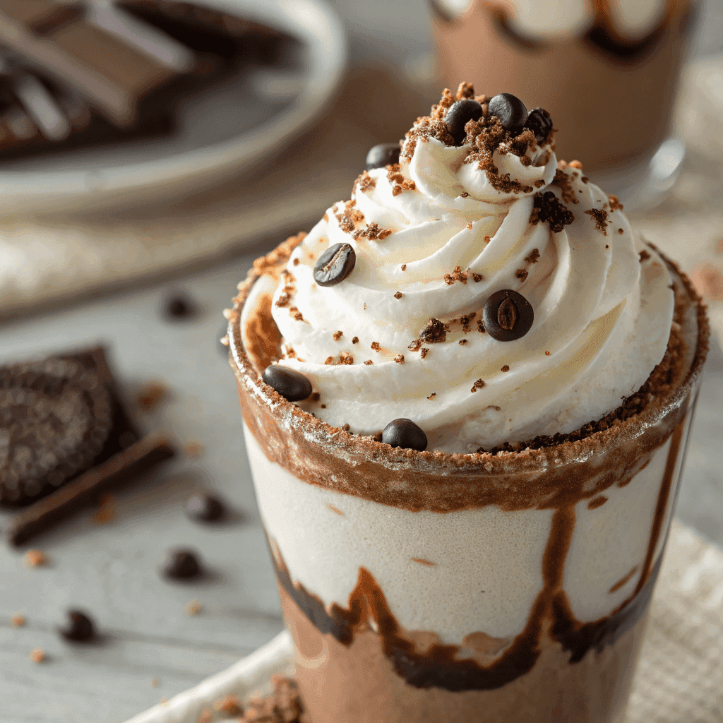 Macro close-up of a Dirty Snowman drink showing whipped cream swirls, chocolate drizzle, and chocolate sprinkles