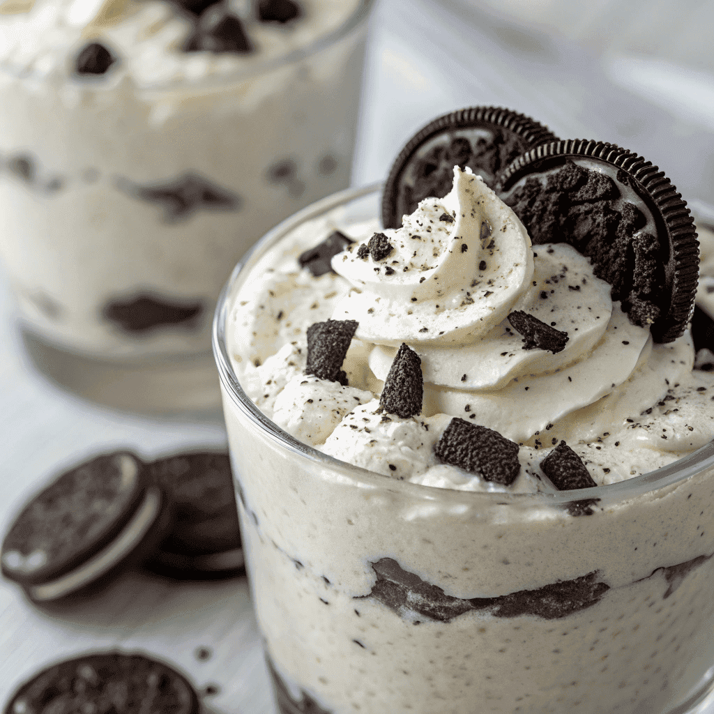 Macro close-up of protein Oreo fluff showing whipped cream texture and crushed Oreo cookie pieces