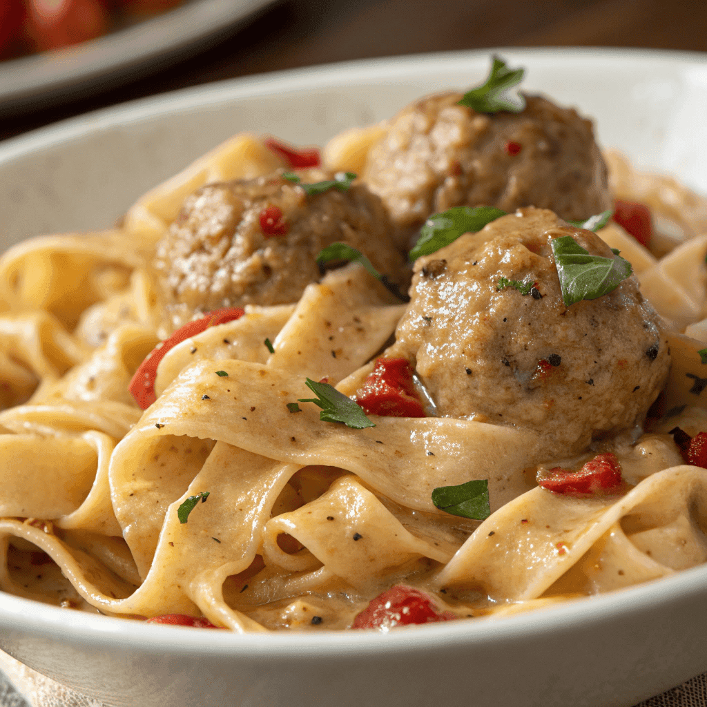 Macro close-up of Cajun meatball pasta showing creamy orange sauce, wide noodles, and seasoned meatballs