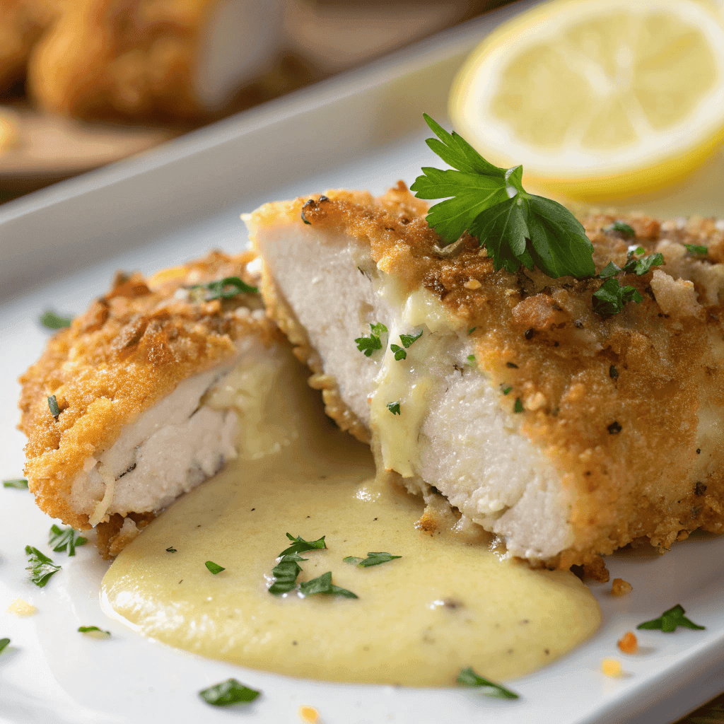 Macro close-up of lemon pecorino crusted chicken showing crunchy coating, creamy lemon sauce, and juicy interior