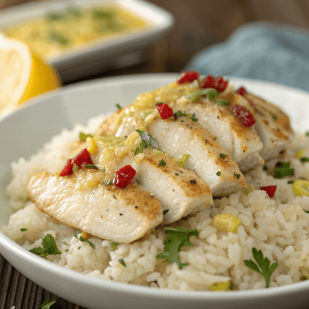 Macro close-up of chicken scampi showing juicy chicken, garlic butter sauce, and fluffy parmesan rice