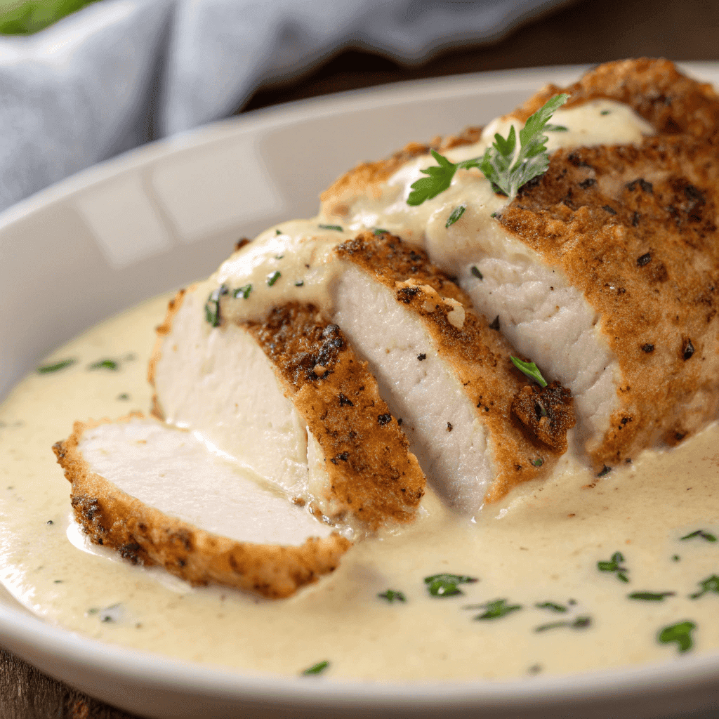 Macro close-up of baked Caesar chicken showing juicy interior and creamy parmesan sauce texture