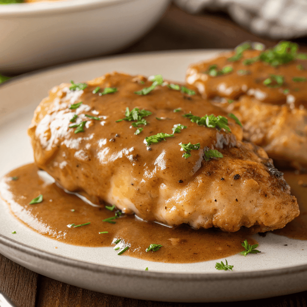 Macro close-up of smothered chicken showing creamy gravy texture and golden seared chicken