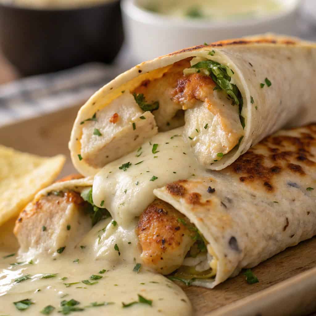 Macro close-up of cheesy garlic chicken wrap showing melted cheese and chicken