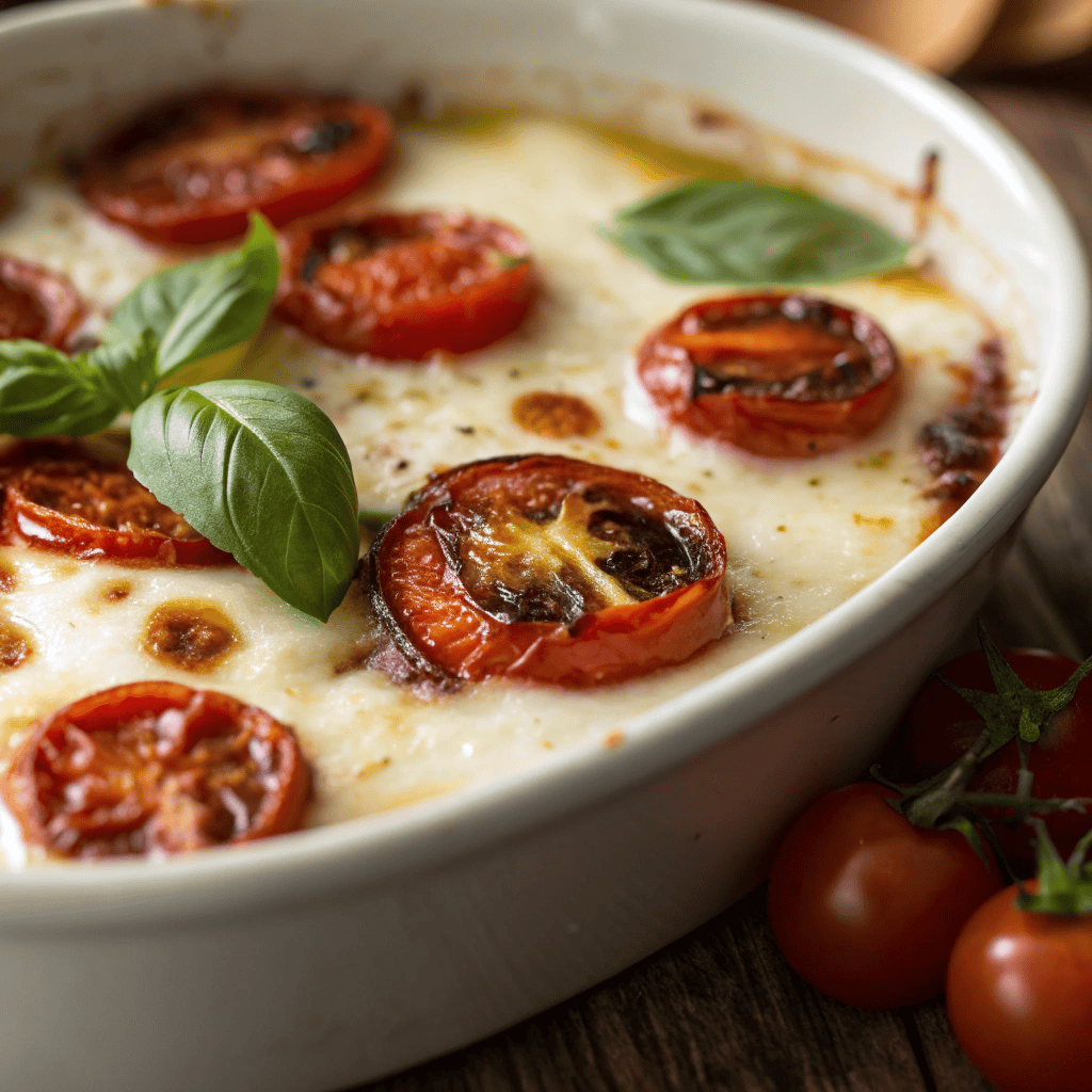 Macro close-up of Caprese dip showing creamy cheese and blistered cherry tomatoes