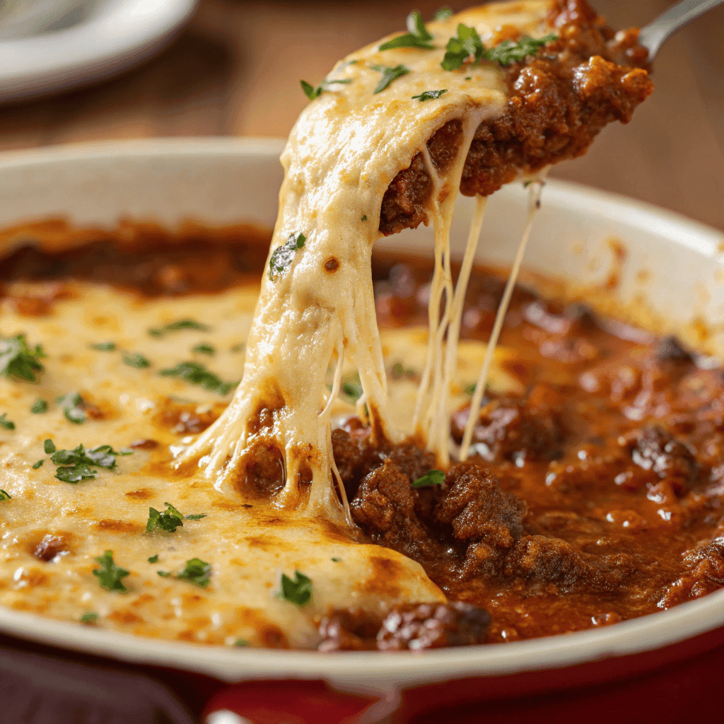 Macro close-up of chili cheese dip showing melted cheese texture and chili layer