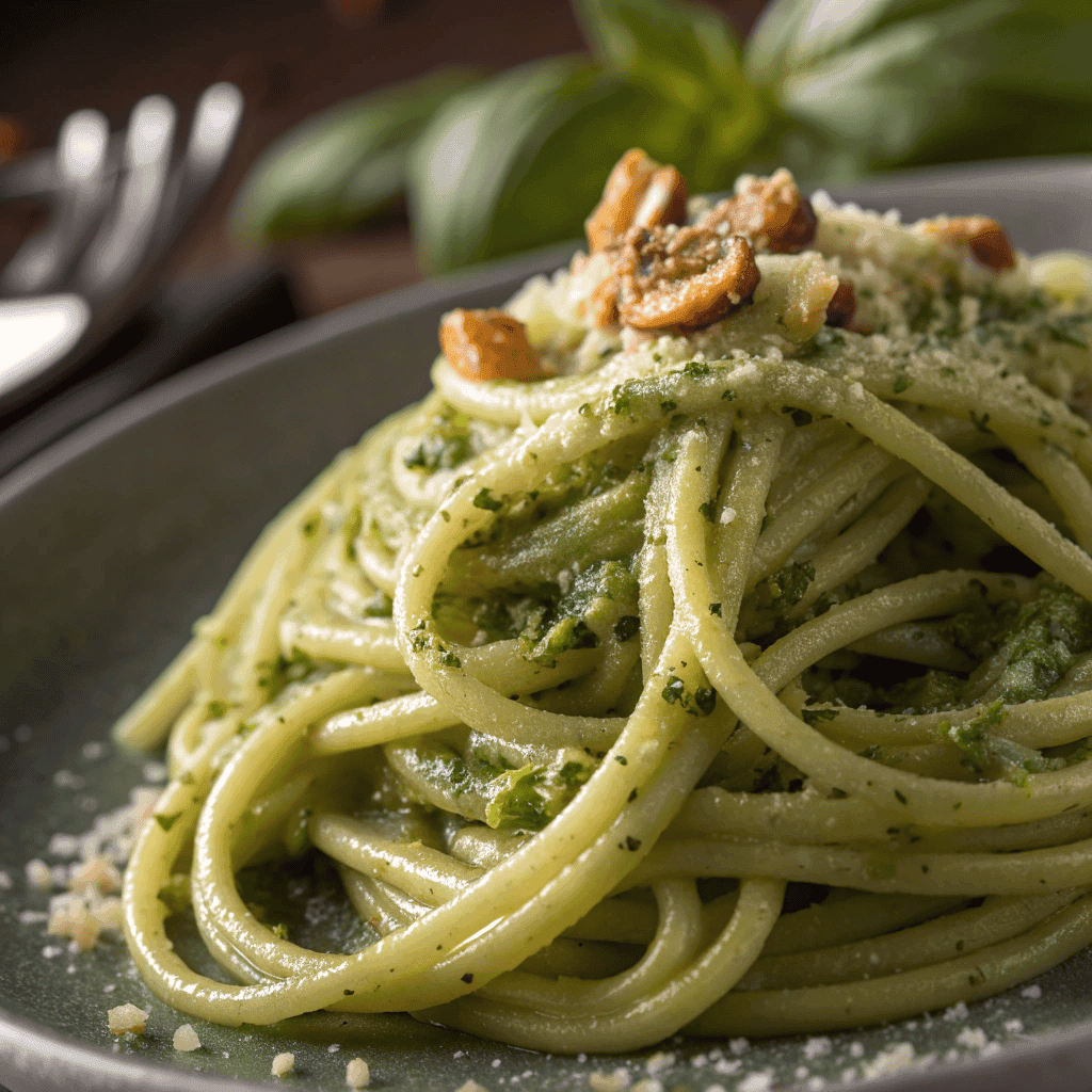 Close-up of bucatini pasta strands coated in glossy green herb sauce