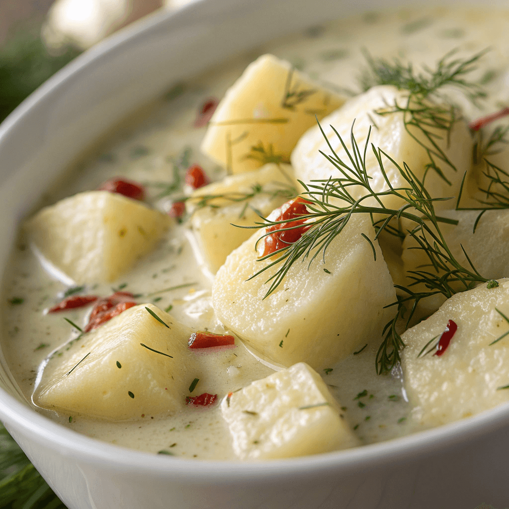 Close-up of creamy potato dill soup showing chunky potatoes and herbs