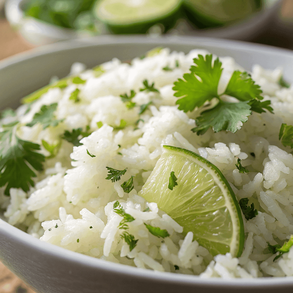 Macro close-up of fluffy cilantro lime rice showing individual grains and fresh herbs
