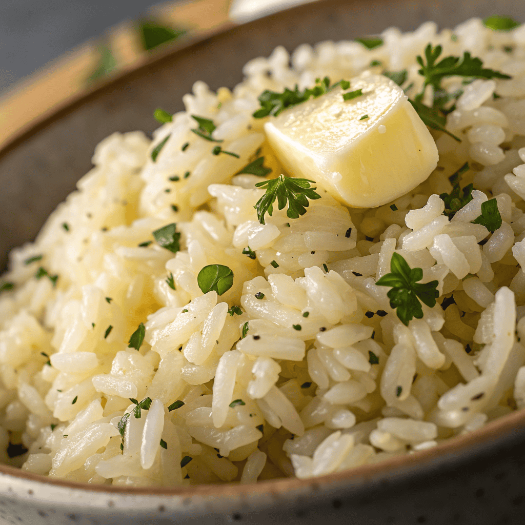 Garlic Butter Rice Recipe | Fluffy, Buttery, Easy Side Dish 3 Macro close-up of garlic butter rice showing individual glossy grains