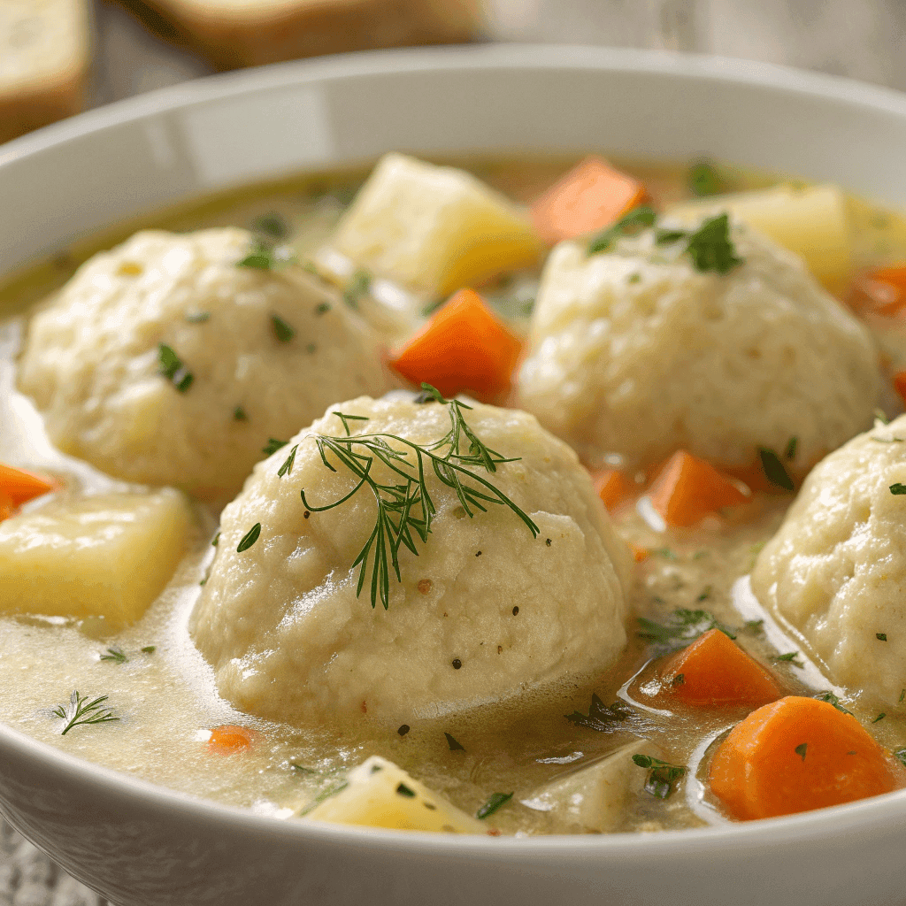 Close-up of knoephla dumplings in creamy soup broth