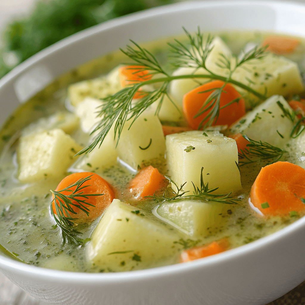 Close-up of creamy Polish dill soup showing vegetables and herbs