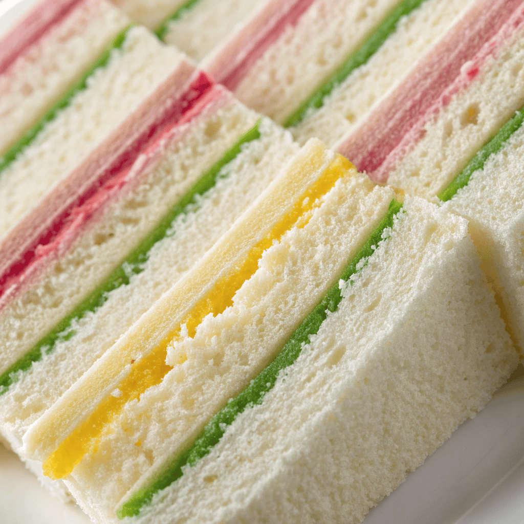Close-up of ribbon sandwich layers showing clean colorful stripes