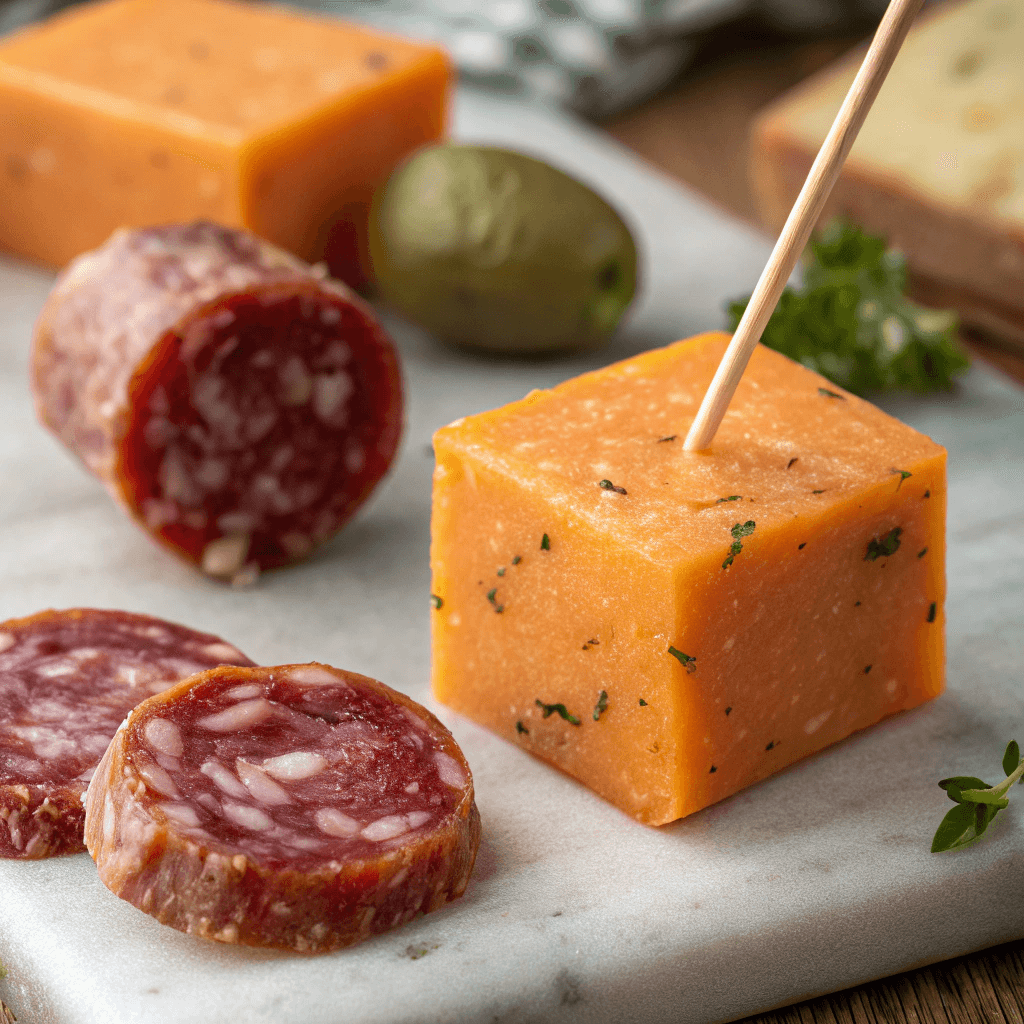 Close-up of layered salami bite showing cheese and pesto