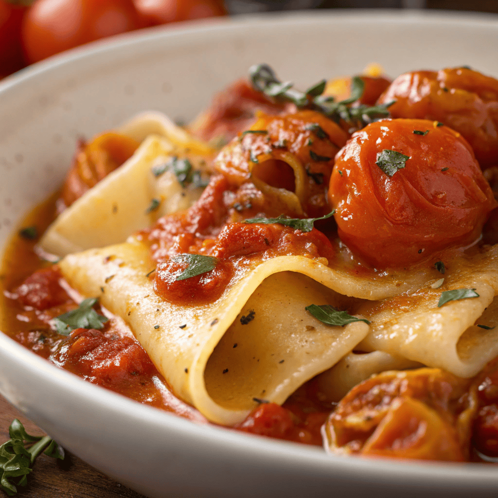 Close-up of Sicilian pasta coated in glossy tomato sauce
