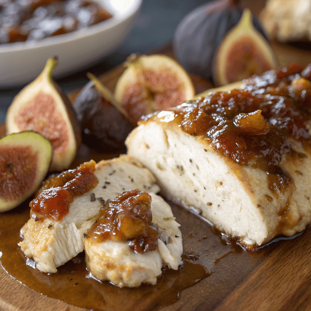Close-up of fig jam glaze and creamy goat cheese texture on chicken