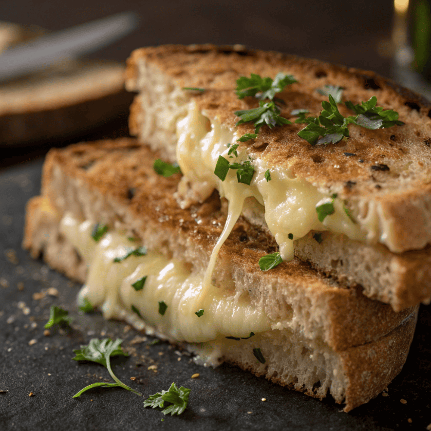 Close-up macro of garlic bread grilled cheese showing crispy bread texture and gooey melted cheese.