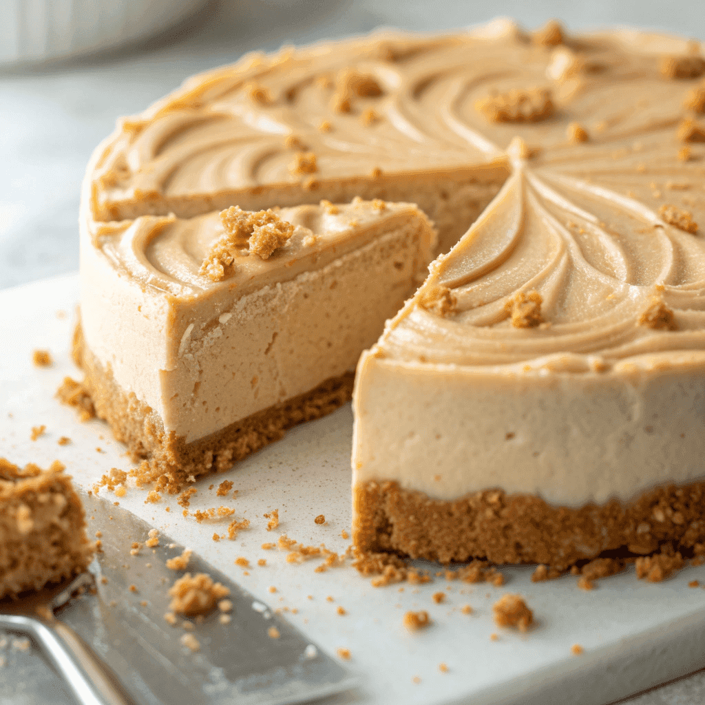 Macro close-up of creamy cookie butter cheesecake filling with golden cookie crumb crust and detailed texture.