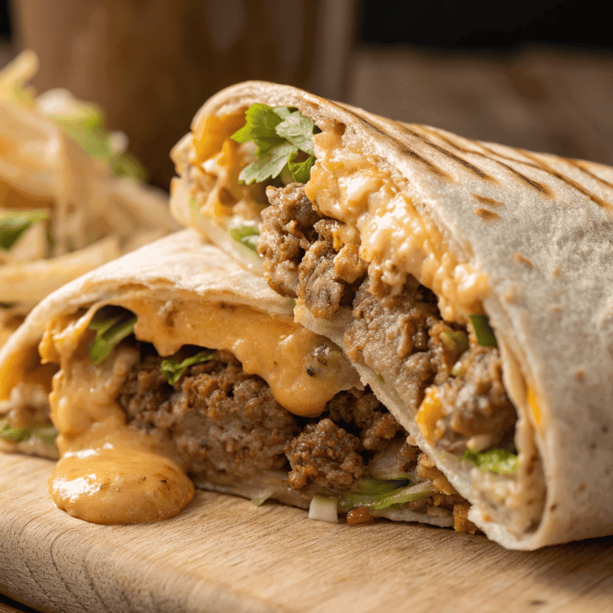 Macro close-up of Big Mac wrap showing beef, melted cheese, lettuce, and sauce.