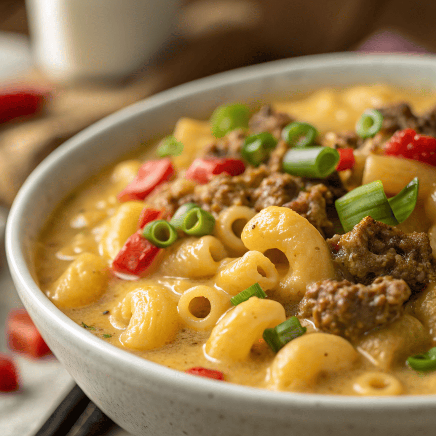 Macro close-up of creamy cheeseburger macaroni soup showing pasta, beef, and cheese broth.