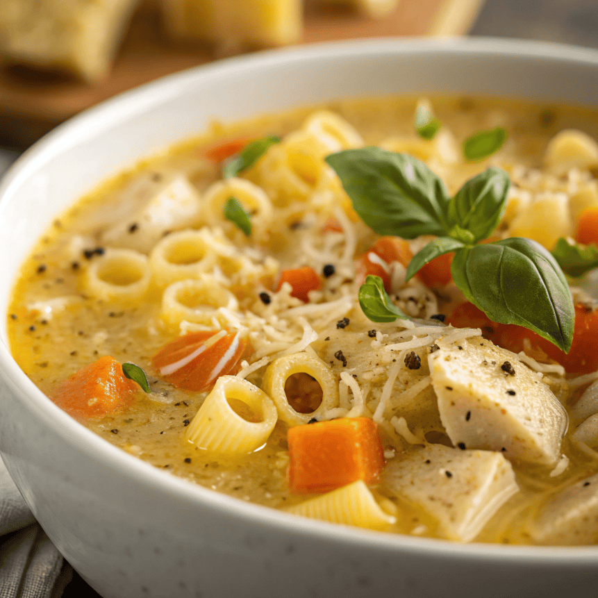 Macro close-up of creamy ditalini soup showing pasta, chicken, carrots, and basil.