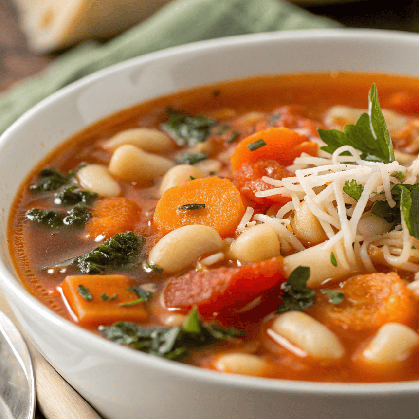 Macro close-up of winter minestrone soup showing vegetables, beans, pasta, and rich broth.