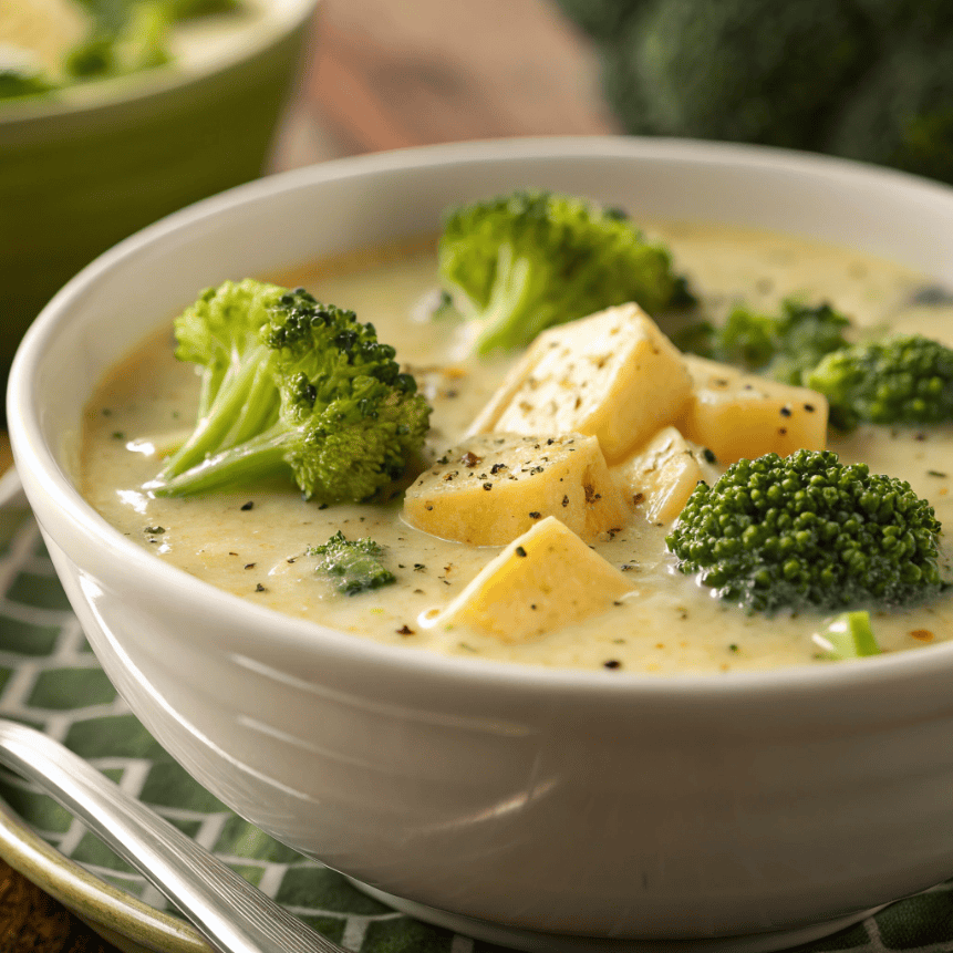 Macro close-up of broccoli potato cheese soup showing creamy texture and vegetables.