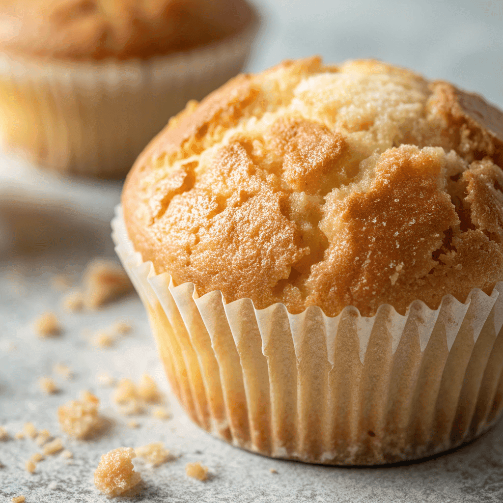 Macro close-up of a vanilla muffin showing cracked golden top and soft airy crumb.