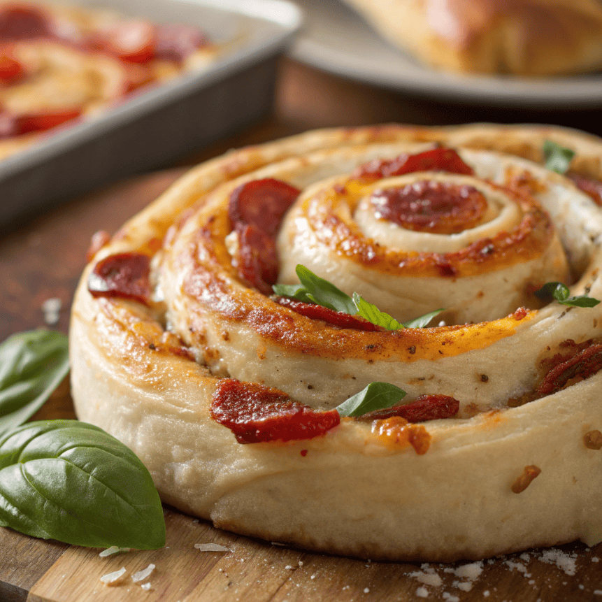 Cheesy Pepperoni Pizza Spiral Roll | Easy Pizza Bread 3 Macro close-up of pizza spiral showing flaky dough layers, melted cheese, and pepperoni.