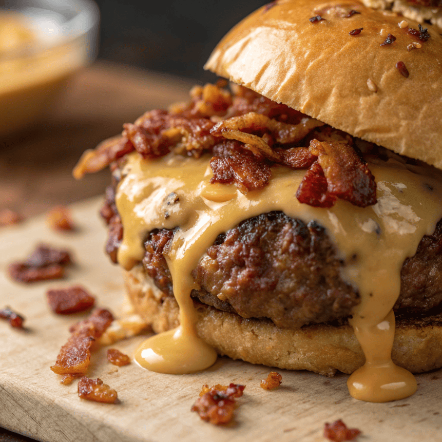 Macro close-up of crack burger showing melted cheese, bacon, and sauce.