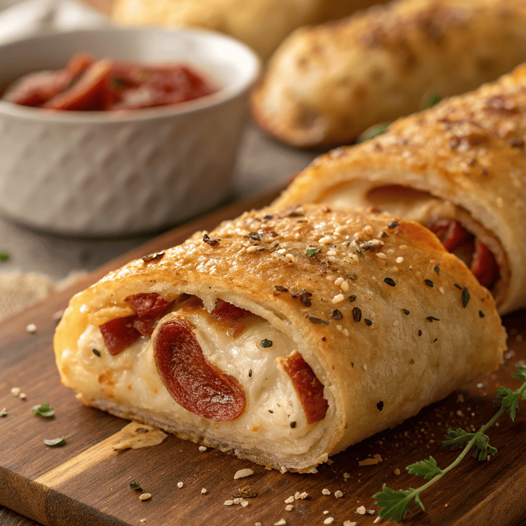 Macro close-up of a crispy pepperoni pizza roll showing flaky pastry layers and melted cheese.