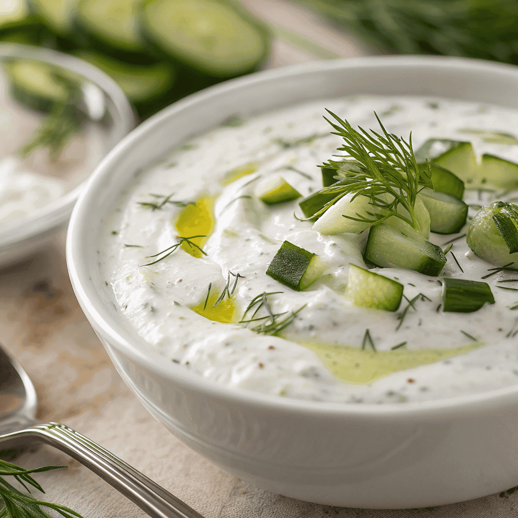 Macro close-up of thick tzatziki sauce showing creamy texture with cucumber pieces and dill.
