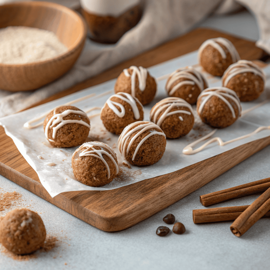 A batch of cinnamon roll energy bites with white icing drizzle on parchment paper