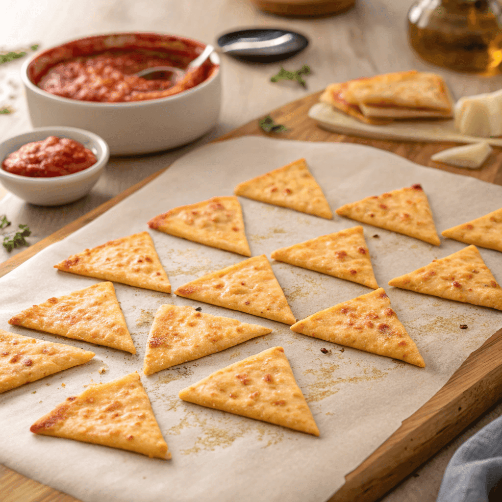 Crispy pizza chips with tomato sauce, melted cheese, and Italian seasoning on parchment paper