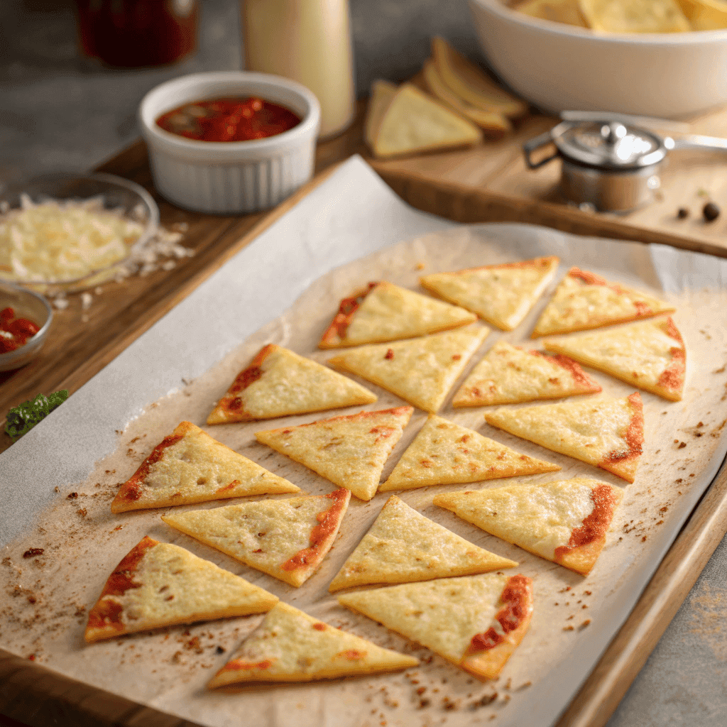 Pizza chips served on a white plate with melted cheese and tomato sauce