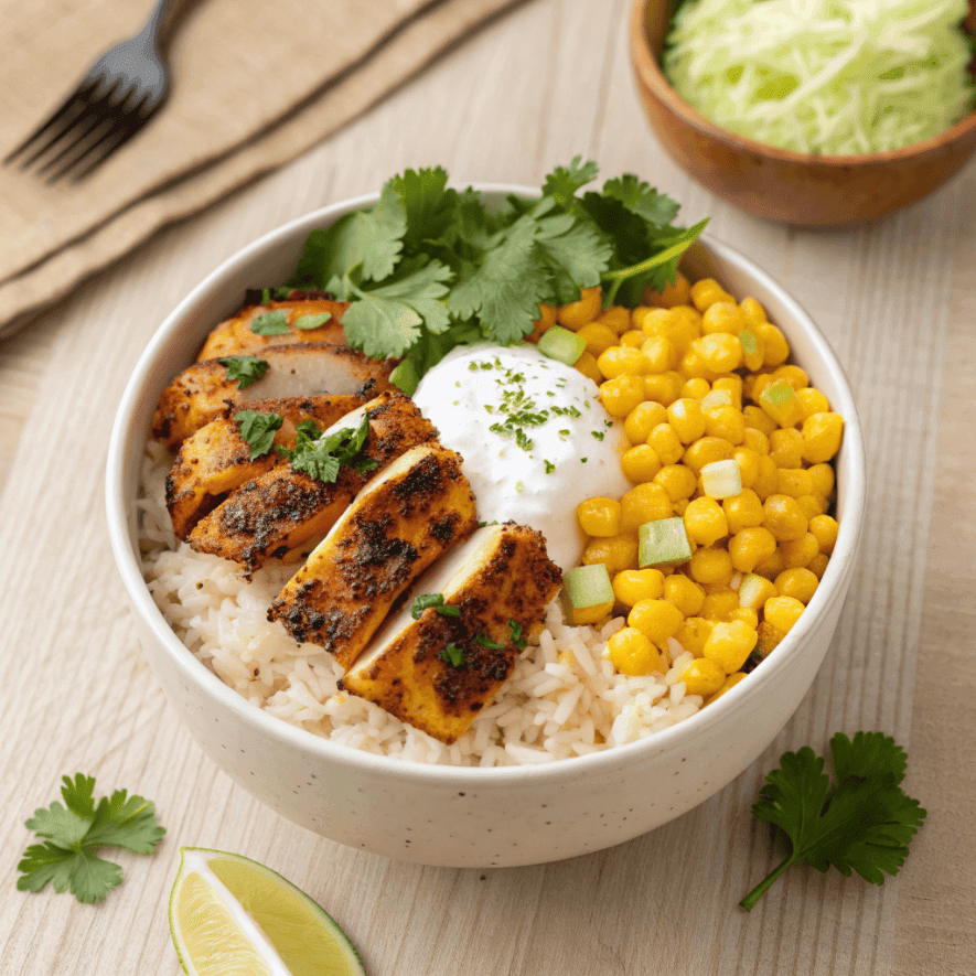 Full view of street corn chicken bowl with grilled chicken, rice, corn, and white sauce.