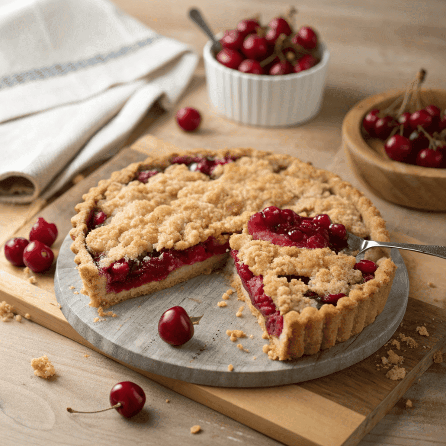 Whole cherry crumb pie with one slice removed showing cherry filling.