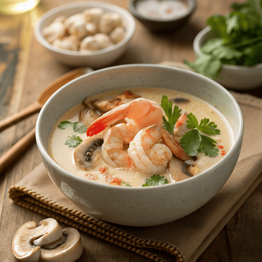 Full view of Thai coconut shrimp soup with shrimp and herbs in a bowl.