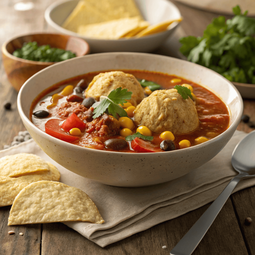Full view of tamale soup with dumplings, corn, beans, and herbs.