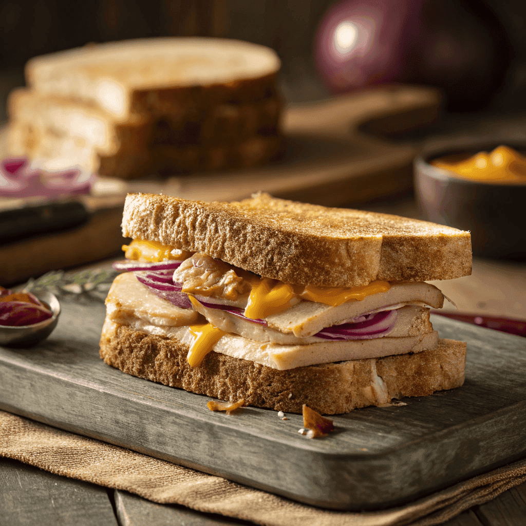 Whole turkey Dijon melt sandwich with toasted bread, melted cheese, and layered turkey