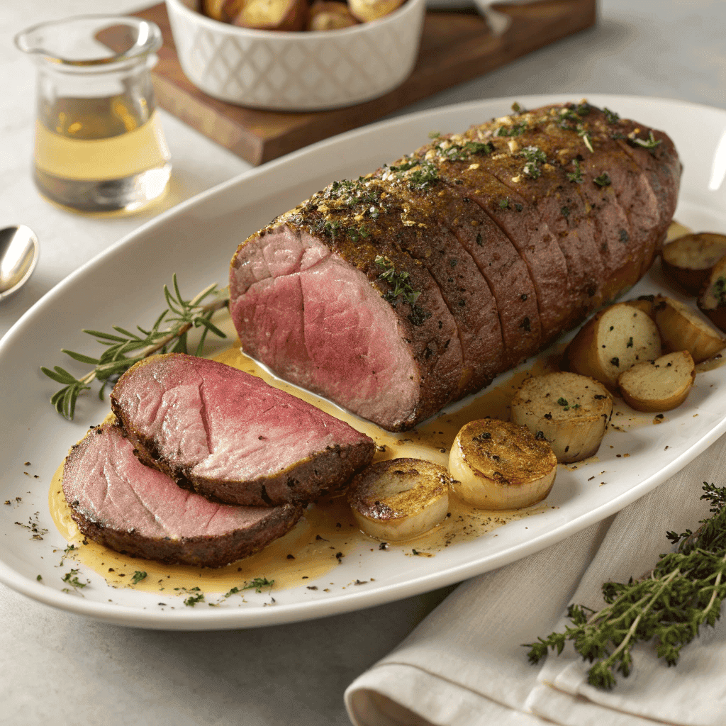Whole Million Dollar beef tenderloin roast with herb crust and buttered potatoes on a plate