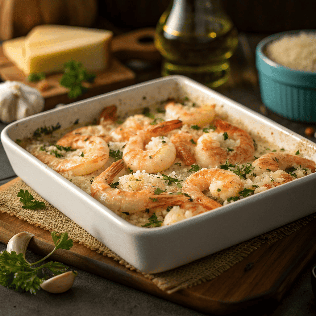 Whole serving dish of garlic parmesan roasted shrimp with golden cheese crust and herbs
