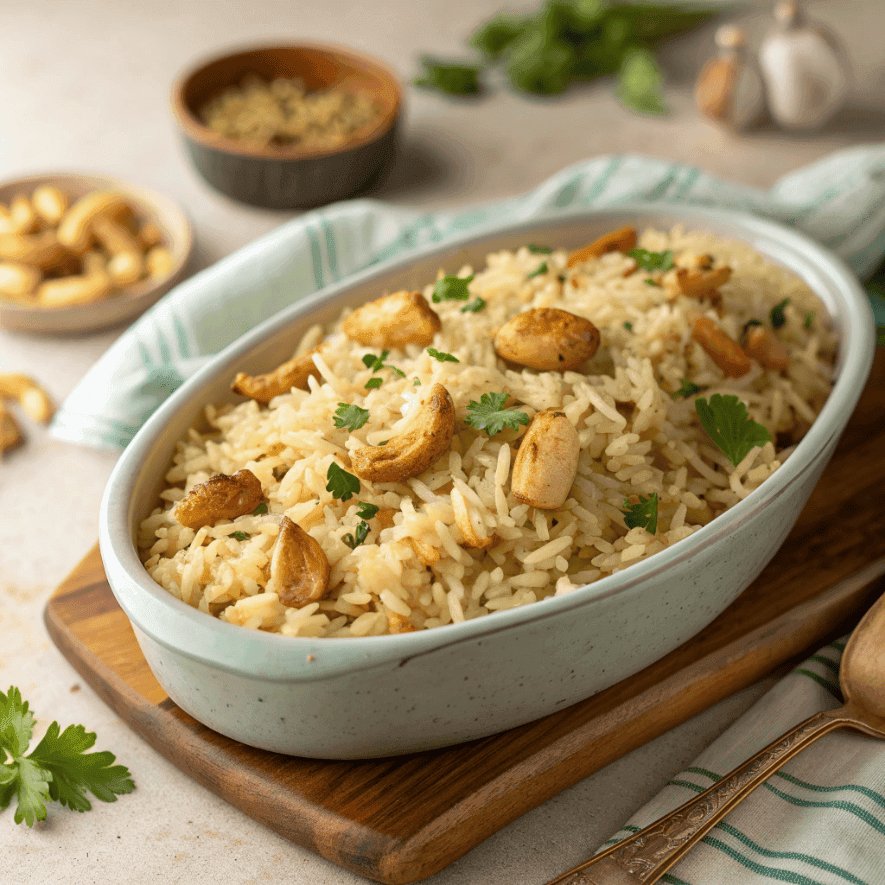 Full view of chicken flavored rice in a serving dish with herbs.