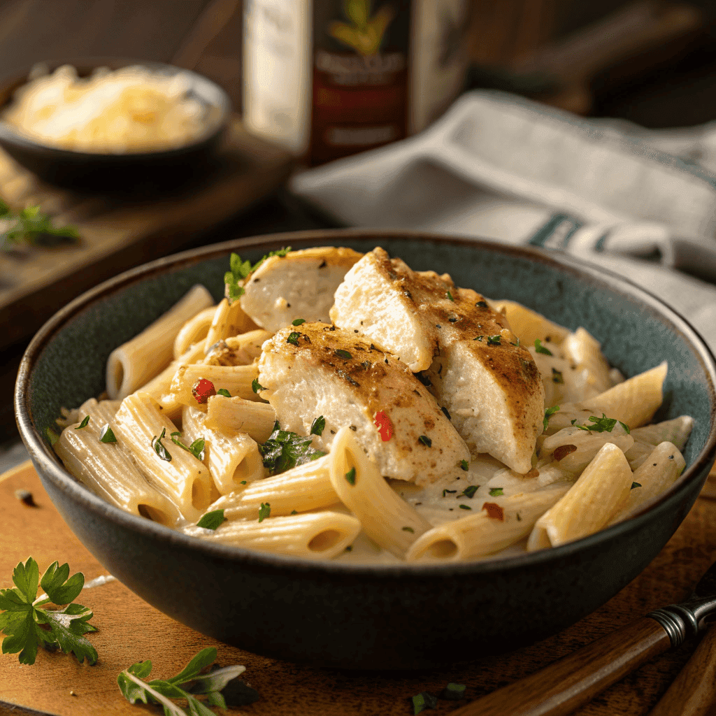 Whole bowl of creamy Boursin chicken pasta with penne and seared chicken