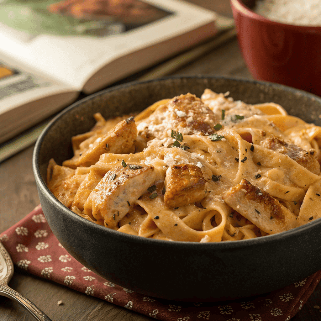 Whole bowl of cowboy chicken pasta with creamy sauce and golden chicken pieces