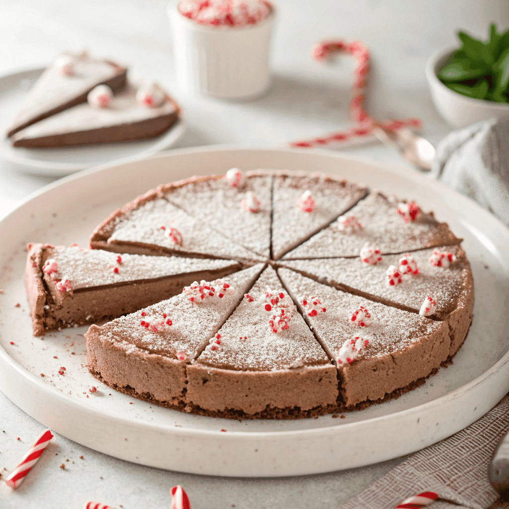 Whole chocolate peppermint mousse pie dusted with powdered sugar and crushed peppermint candies
