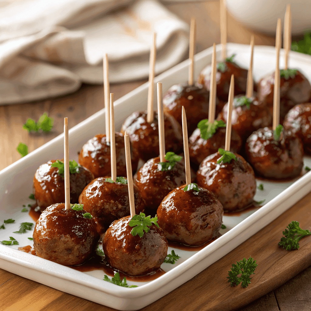 A platter of cocktail meatballs with skewers, glazed sauce, and parsley on a serving dish